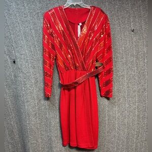 St. John by Marie Gray Red Sequin Long Sleeve Sweater Dress